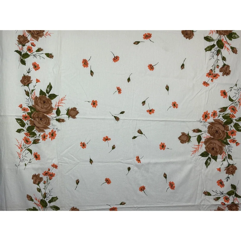 Vintage Floral Tablecloth Brown Roses Orange Flowers White Rectangular 52x66